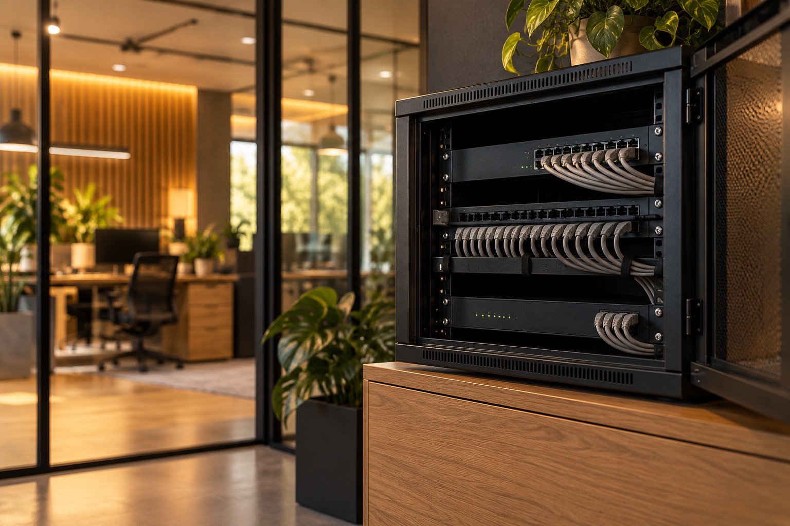 Illustration of generic network equipment and tidy cabling in a contemporary office