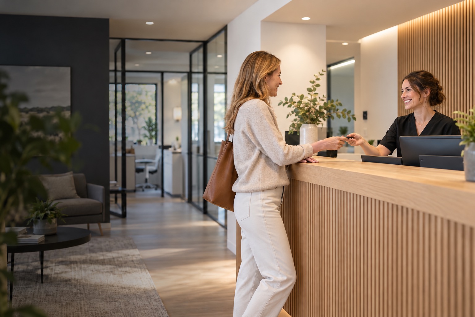 Illustration of a bright professional reception where a team assists a visitor